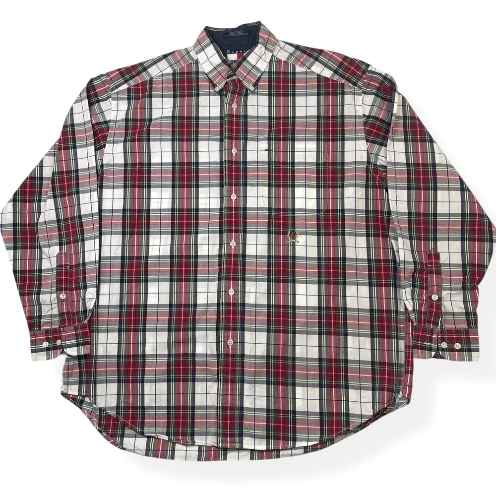 VTG Tommy Hilfiger Men's Plaid Button Down Shirt Christmas Long Sleeve Crest